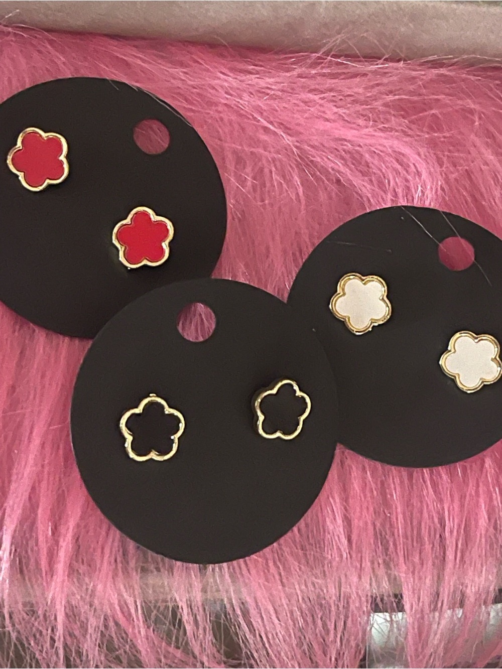 Gold-Trim Flower Stud Earrings - Red, Black, White(3 packs)